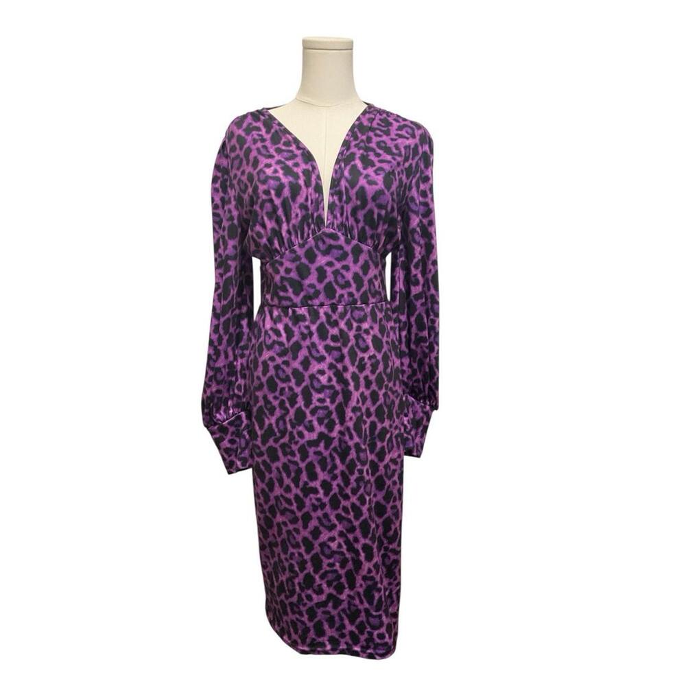 SHEIN Purple Leopard Print Midi Dress Size L Long Sleeve V Neck Preloved A-9 - Picture 2 of 6